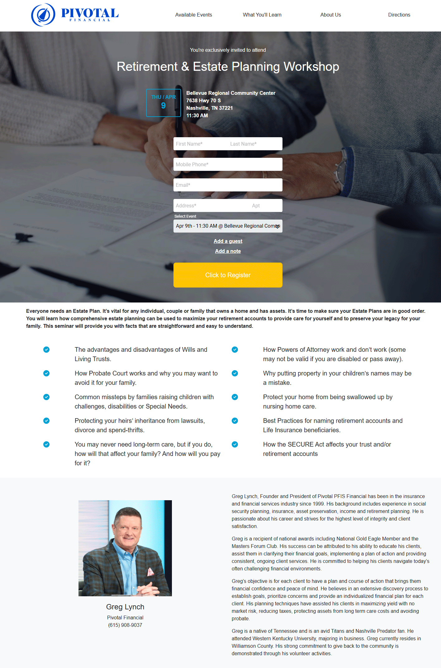 Retirement and Estate Planning Workshop flyer - Pivotal Financial