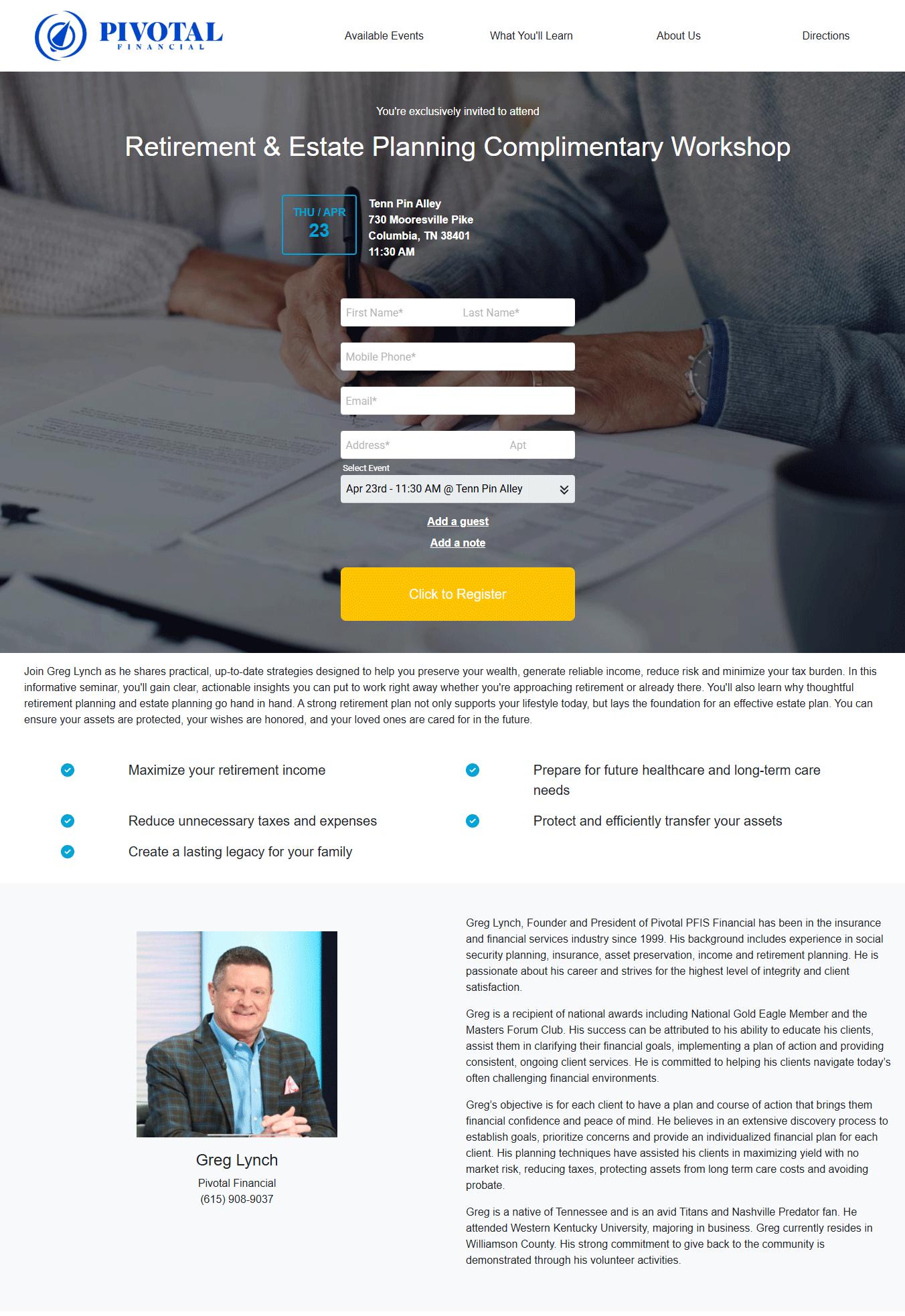 Retirement and Estate Planning Complimentary Workshop flyer - Pivotal Financial