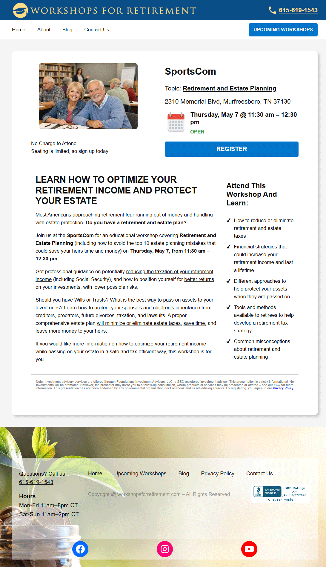 Retirement and Estate Planning Complimentary Workshop flyer - Pivotal Financial