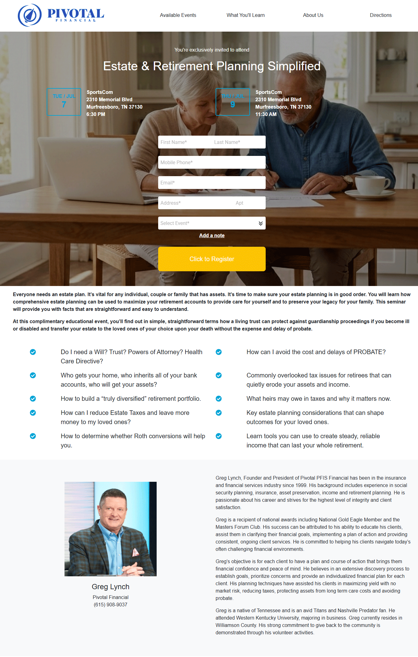 Estate and Retirement Planning Simplified workshop flyer - Pivotal Financial